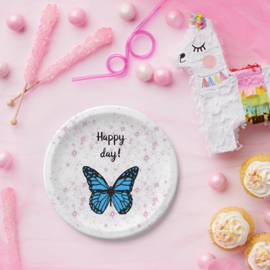 Magical blue butterfly pink glitter art papieren bordje (Feest)