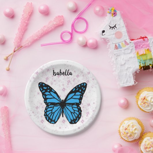 Magical blue butterfly pink glitter art papieren bordje (Feest)