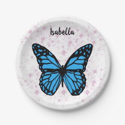 Magical blue butterfly pink glitter art papieren bordje (Voorkant)