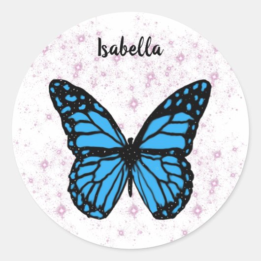 Magical blue butterfly pink glitter art ronde sticker (Voorkant)