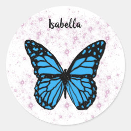 Magical blue butterfly pink glitter art ronde sticker