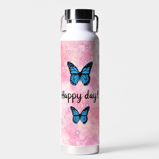 Magical blue butterfly pink glitter art waterfles (Voorkant)
