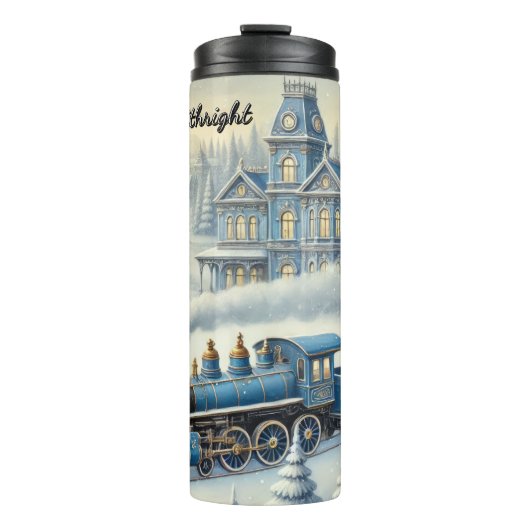 Magical Blue Christmas Train Moonlit Scene Thermosbeker (Voorkant)