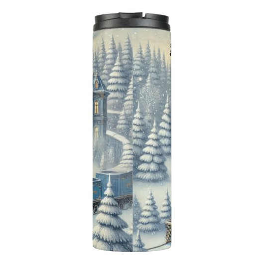 Magical Blue Christmas Train Moonlit Scene Thermosbeker (Achterkant)