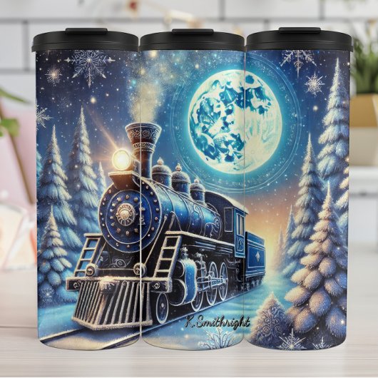 Magical Blue Christmas Train Moonlit Scene Thermosbeker
