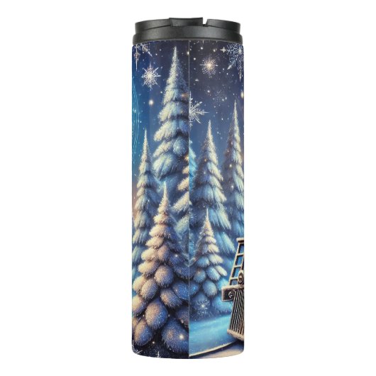 Magical Blue Christmas Train Moonlit Scene Thermosbeker (Achterkant)