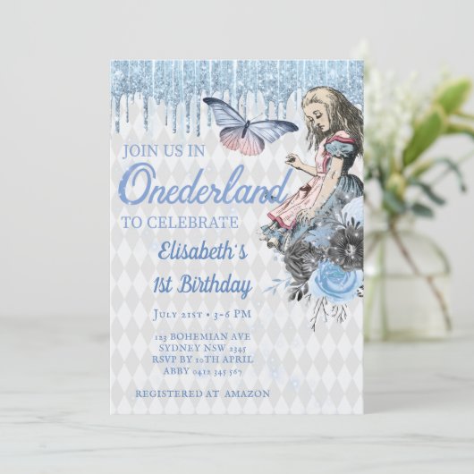 Magical Blue Ice Alice eerste verjaardag uitnodigi Kaart (Staand voorkant)