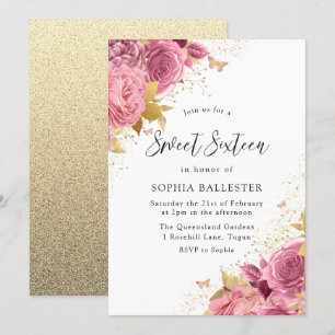 Magical Blush Pink Gold Flowers Sweet 16 Kaart