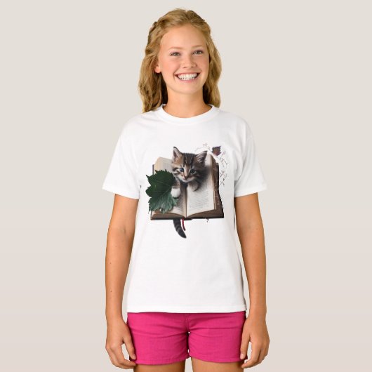 Magical Bookish Kitten Kids T-Shirt – Whimsical (Voorkant volledig)