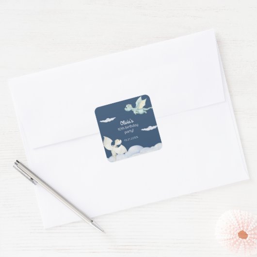 Magical Castle Schattige Dragons Kids Verjaardag B Vierkante Sticker (Envelop)
