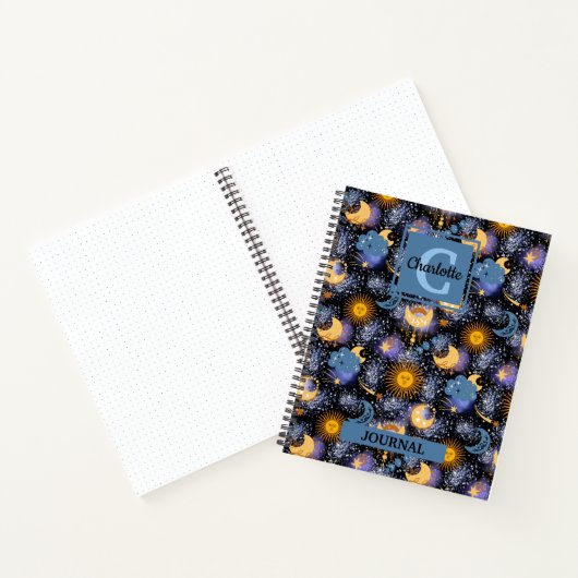 Magical Celestial Pattern Sun Moons Stars Monogram Notitieboek (Binnen)