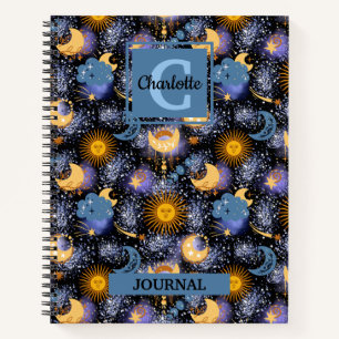 Magical Celestial Pattern Sun Moons Stars Monogram Notitieboek