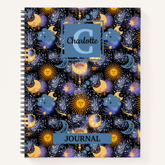 Magical Celestial Pattern Sun Moons Stars Monogram Notitieboek (Voorkant)