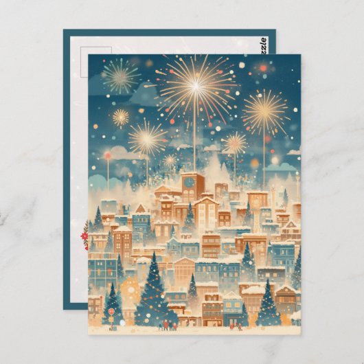 Magical Christmas City Fireworks Night Briefkaart (Voorkant / Achterkant)