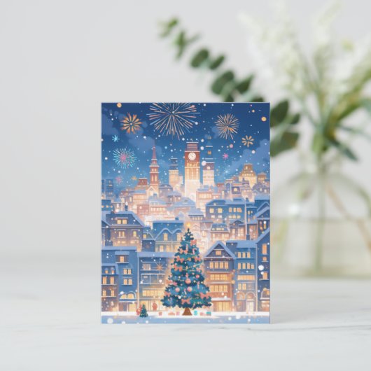 Magical Christmas City Fireworks Night Feestdagenkaart (Staand voorkant)