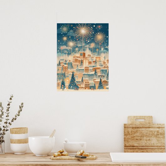 Magical Christmas City Fireworks Night Poster (Keuken)