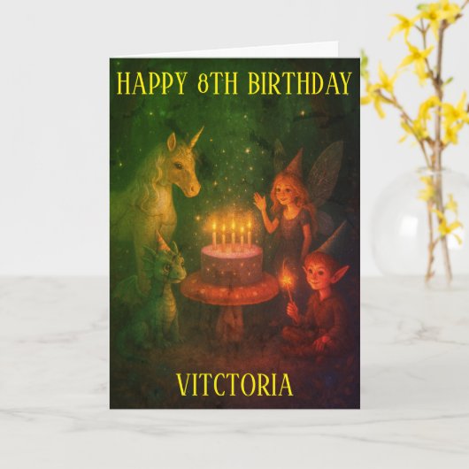 Magical Creatures Birthday Party Custom Birthday Kaart (Gele Bloem)