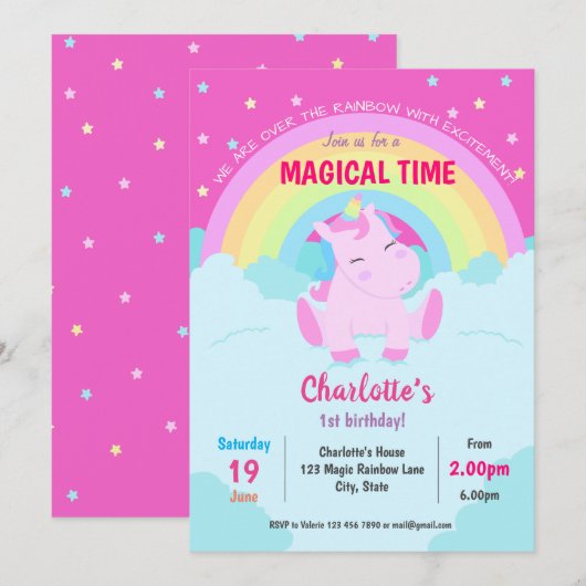 Magical Cute Unicorn Birthday Kaart (Voorkant / Achterkant)