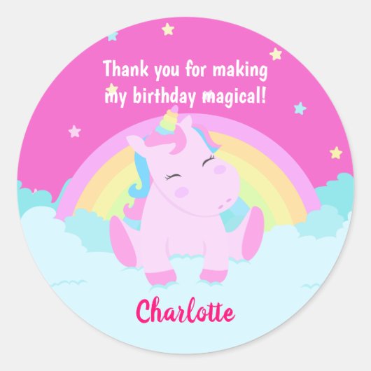 Magical Cute Unicorn Birthday Ronde Sticker (Voorkant)