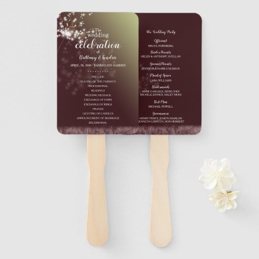 Magical Dandelions Burgundy Wedding Programme Handwaaier (Voorkant en achterkant)