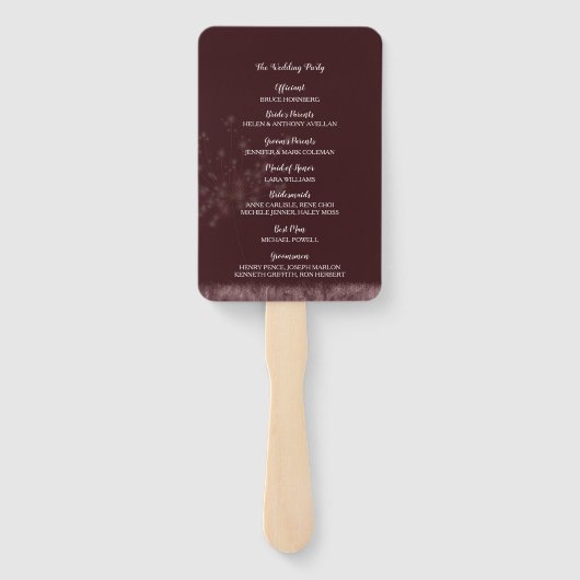 Magical Dandelions Burgundy Wedding Programme Handwaaier (Achterkant)