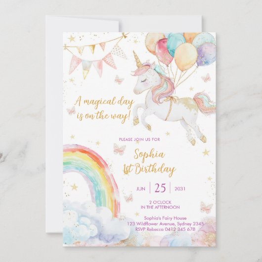 Magical Day Unicorn and Rainbows Birthday Invitati Kaart (Voorkant)