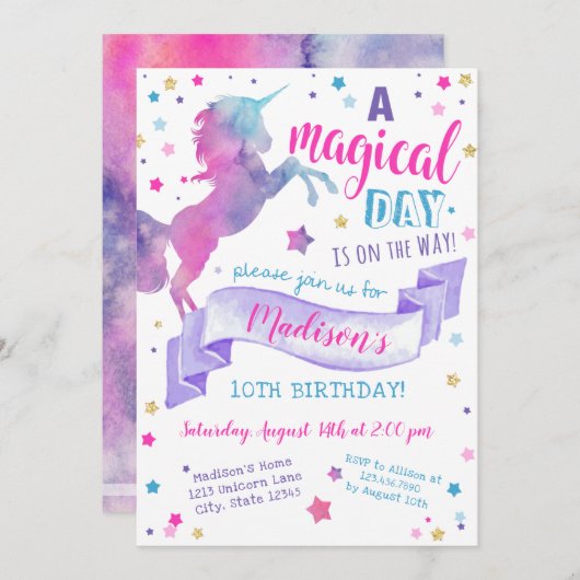 Magical Day Unicorn Tie Dye Birthday Invitation Kaart (Voorkant / Achterkant)