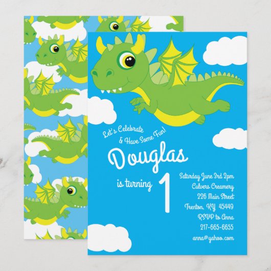 Magical Dragon 1e Verjaardag Schattigee Uitnodigin Kaart (Voorkant / Achterkant)