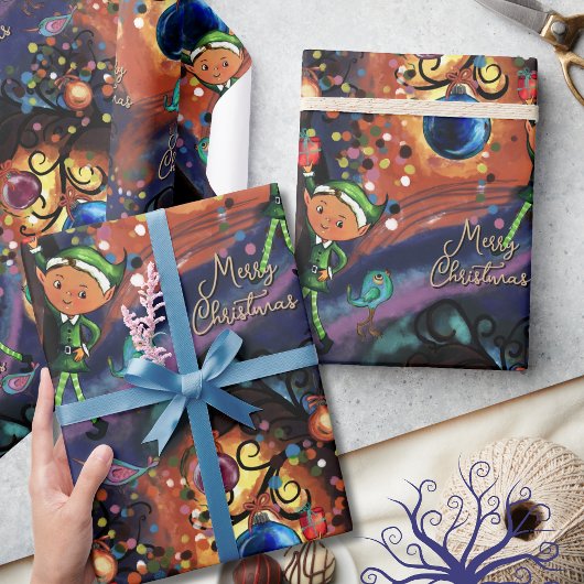 Magical Elf & Bird Whimsical Christmas Cadeaupapier