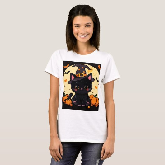 Magical Enchanting Witch Cat Halloween Tee T-shirt (Voorkant volledig)