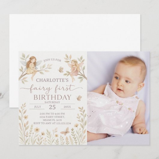 Magical Fairy 1st Birthday Invitation met foto Kaart (Voorkant / Achterkant)