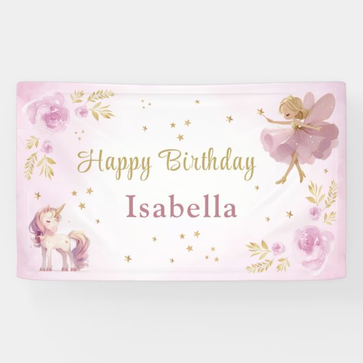 Magical Fairy and Unicorn Girls Birthday Spandoek (Horizontaal)