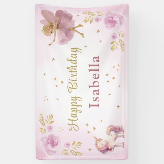 Magical Fairy and Unicorn Girls Birthday Spandoek (Verticaal)