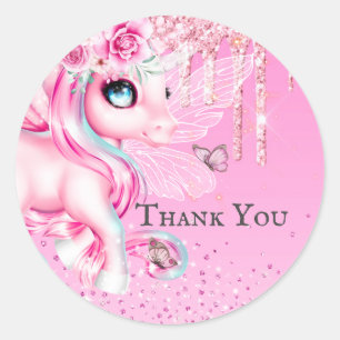 Magical fairy unicorn roze glitter bedankt ronde sticker