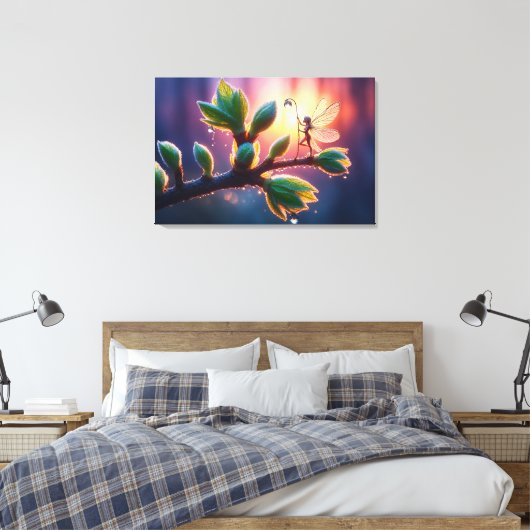 Magical fairy with dewdrop lantern on the branch canvas afdruk (Insitu (Slaapkamer))