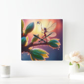 Magical fairy with dewdrop lantern on the branch vierkante klok (Huis)