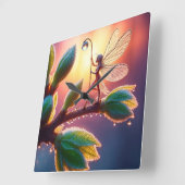 Magical fairy with dewdrop lantern on the branch vierkante klok (Hoek)