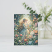 Magical Fairytale Young Woman Lanterns Garden Briefkaart (Staand voorkant)