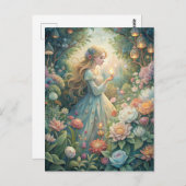 Magical Fairytale Young Woman Lanterns Garden Briefkaart (Voorkant / Achterkant)