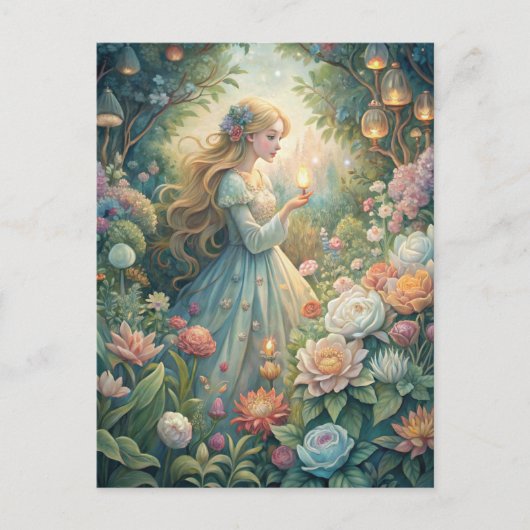 Magical Fairytale Young Woman Lanterns Garden Briefkaart (Voorkant)