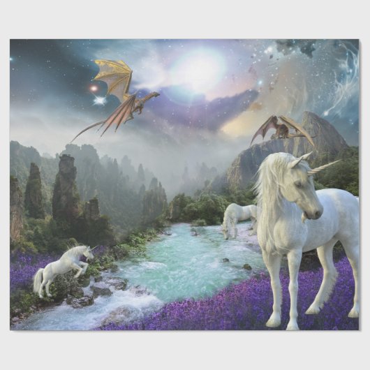 Magical Fantasy Unicorn Drakenlandschap Cadeaupapier (Vlak)