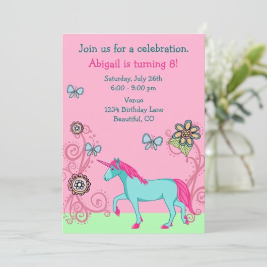 Magical Fantasy Unicorn Girl's verjaardagsuitnodig Kaart (Staand voorkant)