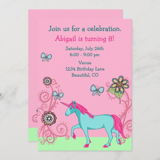 Magical Fantasy Unicorn Girl's verjaardagsuitnodig Kaart (Voorkant / Achterkant)