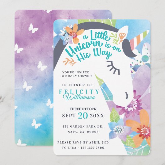 Magical Floral Unicorn Baby Boy Shower Kaart (Voorkant / Achterkant)