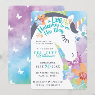 Magical Floral Unicorn Baby Boy Shower Kaart