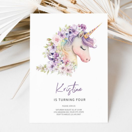 Magical Floral Unicorn Birthday Invitation Kaart