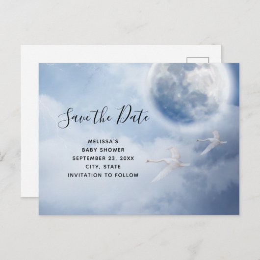 Magical Flying Swans Baby shower Save the Date Uitnodiging Briefkaart (Voorkant / Achterkant)