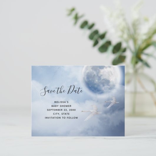 Magical Flying Swans Baby shower Save the Date Uitnodiging Briefkaart (Staand voorkant)