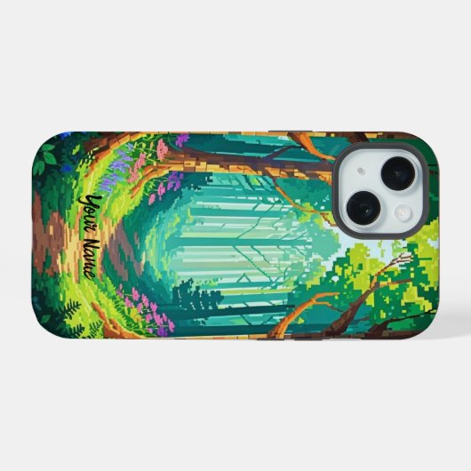 Magical Forest Pixel Art gepersonaliseerde naam iPhone 15 Case (Achterkant horizontaal)