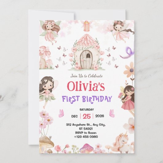 Magical Girls Fairy 1st Birthday Invitation Kaart (Voorkant)